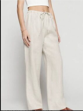 Reformation Cream Wide-Leg Drawstring Linen Pants S